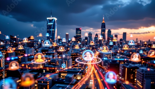 Futuristic Digital Network Over City Skyline