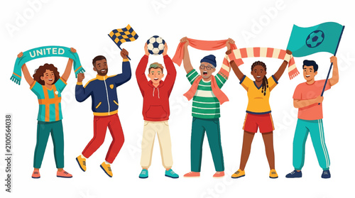 Diverse Group of Energetic Soccer Fans Cheering Together with Flags and Scarf Accessories Illustration