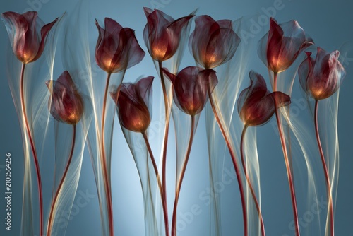 Dark red tulips with glowing centers and flowing translucent light on blue background