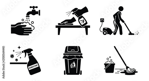 Foto Cleaning Icons Set Black Silhouettes On White Background