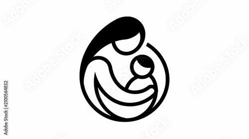 Fotografi Minimalist Mother Embracing Child Vector Logo, Abstract Line Art Icon of Parent