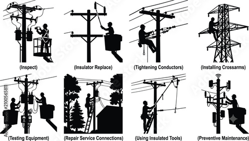 фотографія Electrical Lineworker Maintenance Silhouette Set with Utility Pole Repair and Po