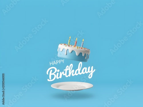 Happy Birthday cake with candles and plate for celebration and party, light blue background