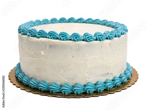 White frosted cake with blue frosting border for celebration and party, isolated on white background