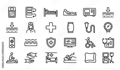 Bild auf Leinwand Air Mattress System Black Line Medical Icons for Pressure Ulcer Prevention Vecto