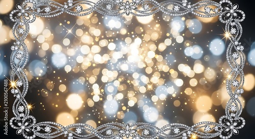 A luxurious ornate frame surrounds a vibrant background of shimmering gold and silver lights
