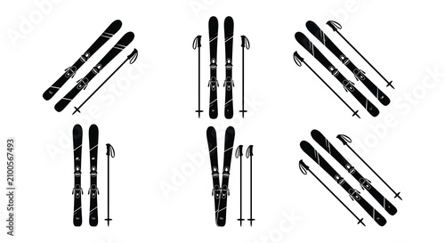 Tableau sur toile Skiing Equipment Silhouettes Black Vector Illustration On White Background