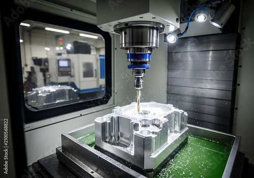A machine is cutting a metal object in a factory setting