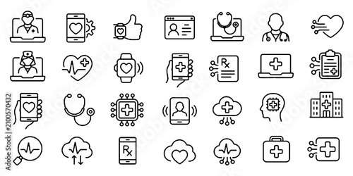 Photos Digital healthcare icons set related to  telemedicine, online consultation, health monitoring, medical technology, electronic records, wearable devices and smart healthcare solutions