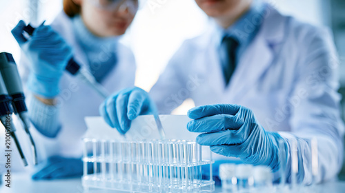 Laboratory scientist handling test tube in modern biotech research setting with blue glove and microscope