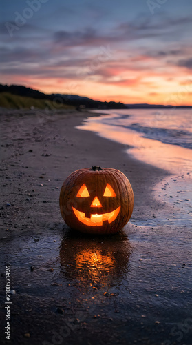 Halloween jack o' lantern on beach at sunset spooky coastal halloween scene