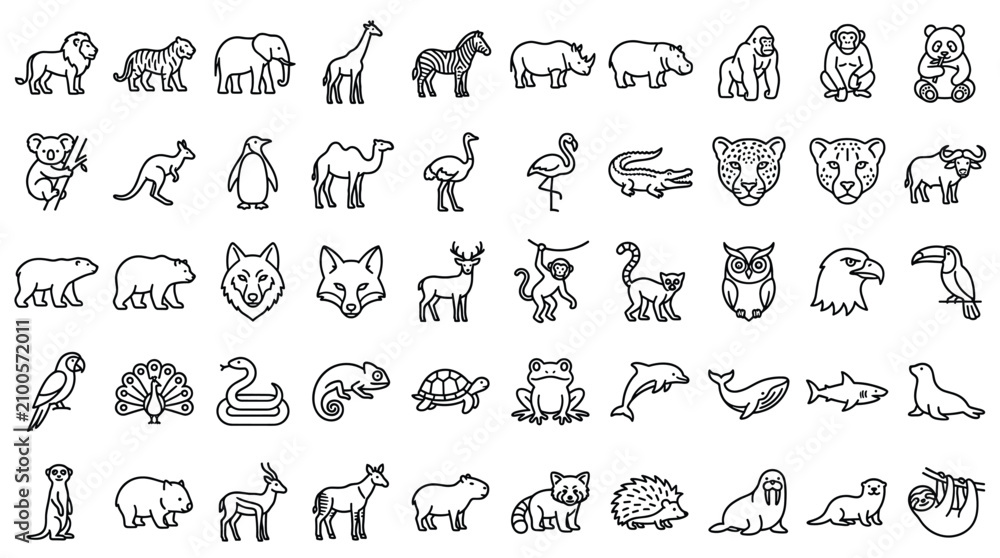 Obraz premium Wildlife animal outline icon set on white background