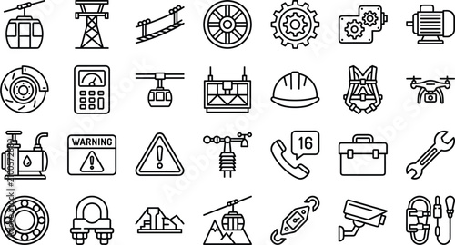 Foto Cableway maintenance and aerial ropeway engineering vector icons set with ski li