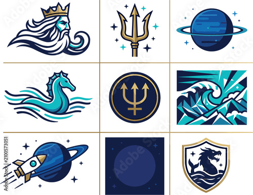 Tableau sur toile Mythological Neptune and Celestial Space Logo Collection Vector Featuring Flat C