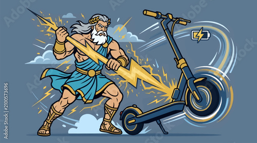 Konstfotografi Muscular Zeus with Lightning Bolt Charging Electric Scooter, Flat Design Illustr