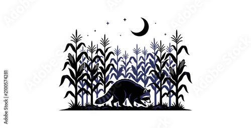 Bild auf Leinwand Raccoon in Cornfield Night Illustration