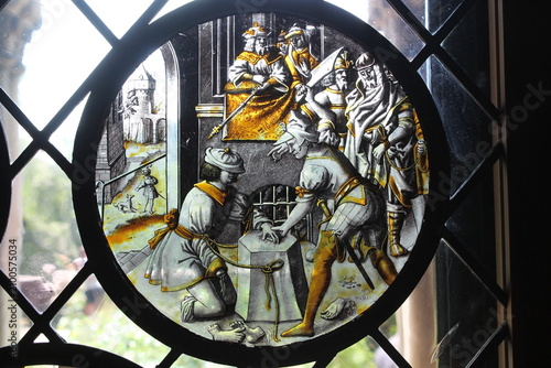 Photography Roundel stained glass with martyrdom of Saint Jacobus Intercisus