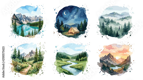 Watercolor nature landscapes and camping scene illustrations.