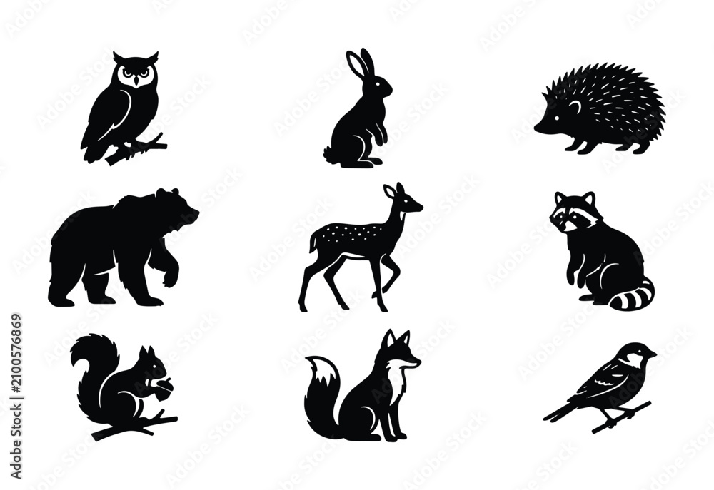 Obraz premium Forest Woodland Animals Vector Icons Set, Cute Wildlife Silhouettes for Nature Designs, Black and White Forest Creatures Collection