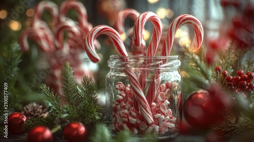 Candy canes in glass jar surrounded by Christmas decorations,