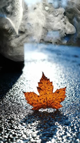 Orange maple leaf rests on wet asphalt road as steam rises from car exhaust in autumn, showcasing the contrast of nature and urban environment