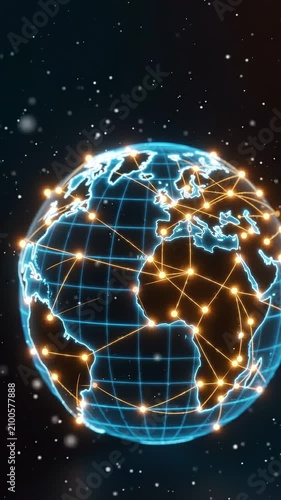 Digital globe visualization transitions from a dark background to illuminated continents and network connections, showcasing global connectivity and technological advancement