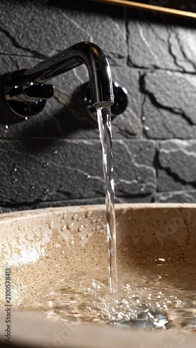 Water flows from a modern chrome faucet into a textured stone sink, capturing the continuous motion of liquid as it fills the basin in a stylish bathroom setting
