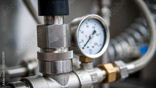 Industrial pressure gauge mounted on metal pipeline for engineering and process monitoring