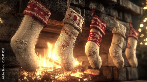 cheerful Christmas stockings hung by a roaring fire,