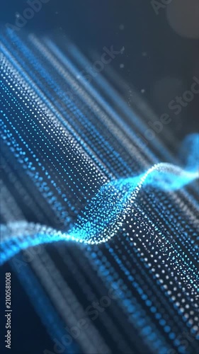 Blue digital wave of particles flows smoothly across a dark background, creating a mesmerizing visual effect with shimmering light and depth in a continuous motion sequence