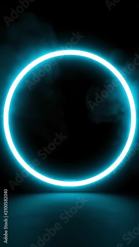 Bright blue glowing circular neon light surrounded by soft smoke on a dark background, creating an ethereal atmosphere with a continuous visual flow across frames