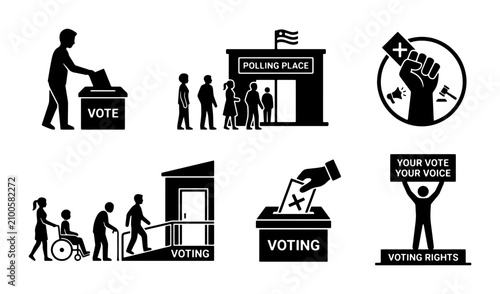 Voting Icons Set: Election, Democracy, Ballot Box, Polling Place, Voting Rights, Civic Engagement, Silhouette Collection