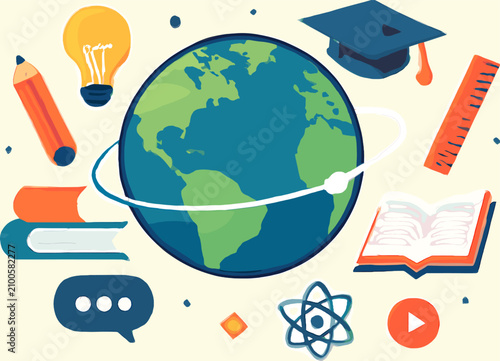 A vibrant illustration depicting global education and learning, featuring a central globe surrounded by various educational symbols like books, a lightbulb, a graduation cap, and a ruler.