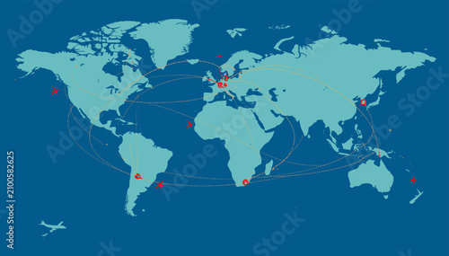 Foto World map illustrating global connections and distribution of key locations with red markers and connecting lines