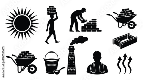 Konstfotografi Construction worker silhouette icons, set of 8 black vector symbols for masonry
