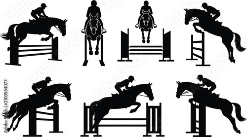 Foto Equestrian sport silhouettes horse and rider jumping obstacles collection