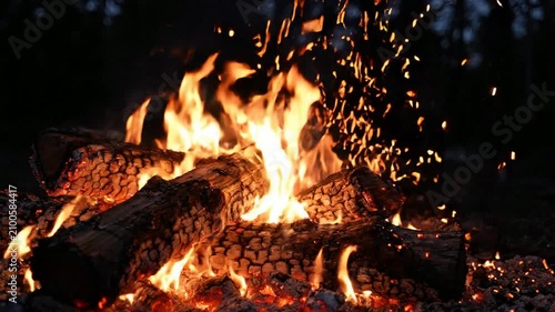 Warm Campfire Flames Burning Brightly in Night Scene.