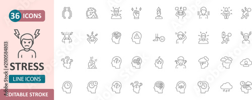 Foto Stress and mental pressure concept collection of 36 linear icons depicting anxie