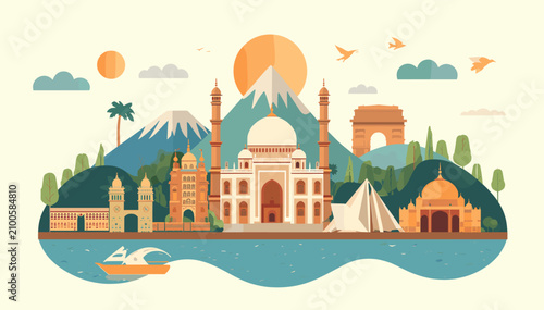 Fotografie A vibrant, flat design illustration showcasing iconic global landmarks and natural landscapes, featuring the Taj Mahal, mountains, and a serene waterfront