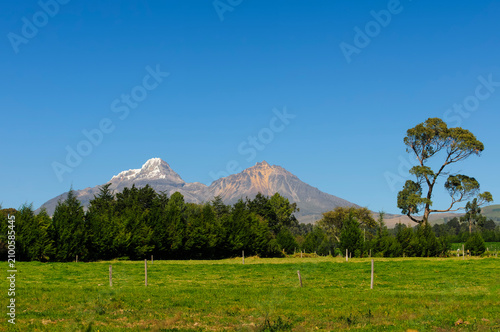 Majestic Illinizas: Snowy and Rocky Peaks Above Green Fields