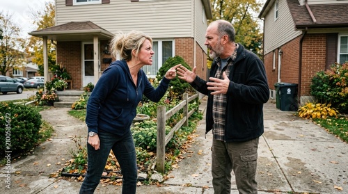 A distraught woman and an angry man are engaged in a heated argument outside a modest suburban house.