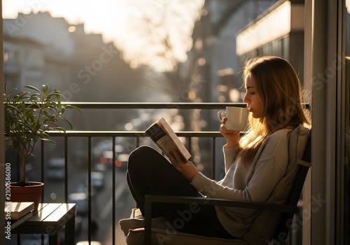 Young woman with cup of coffee reading book on balcony at sunset.