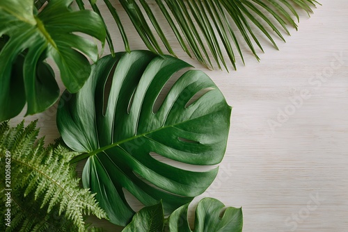 A top-down flat lay of lush green tropical monstera, palm, and fern leaves on a light wooden surface.