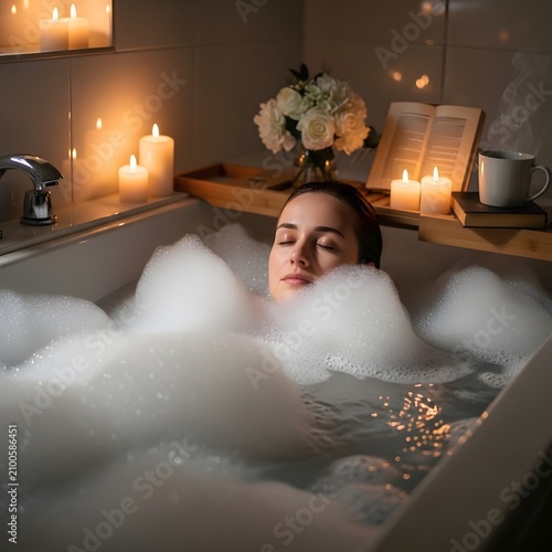 Relaxed young woman relaxing in bathtub with foam and candles
