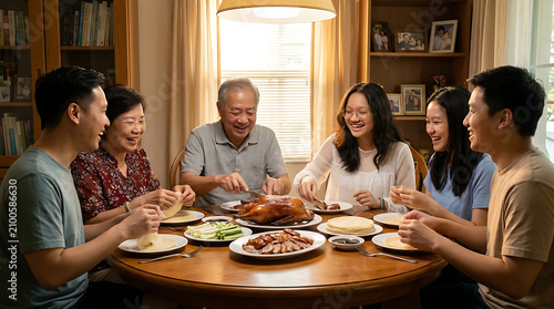 Joyful Family Sharing Peking Duck Meal Around a Table