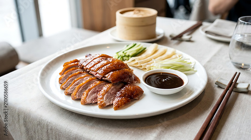 Perfectly Sliced Peking Duck Served With Accompaniments on a White Plate
