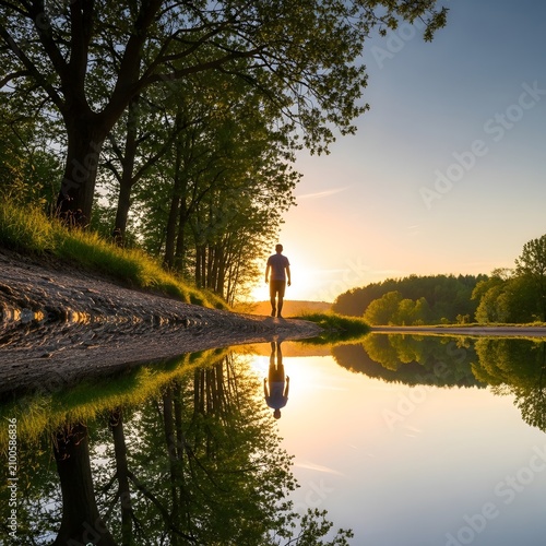 Sunset on a small lake with a man standing in the water.