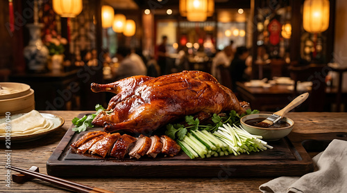 Whole Roasted Peking Duck Presentation with Sliced Portions, Cucumber, and Sauce