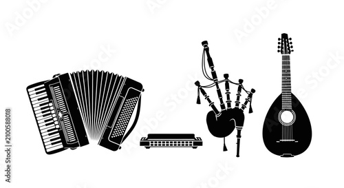 Foto Black and white illustration of various musical instruments with instruments inc