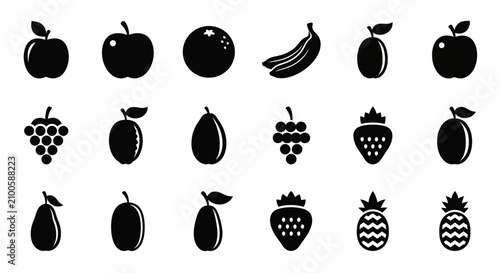 Canvastavla Collection of black fruit icons on white background with including apples banana